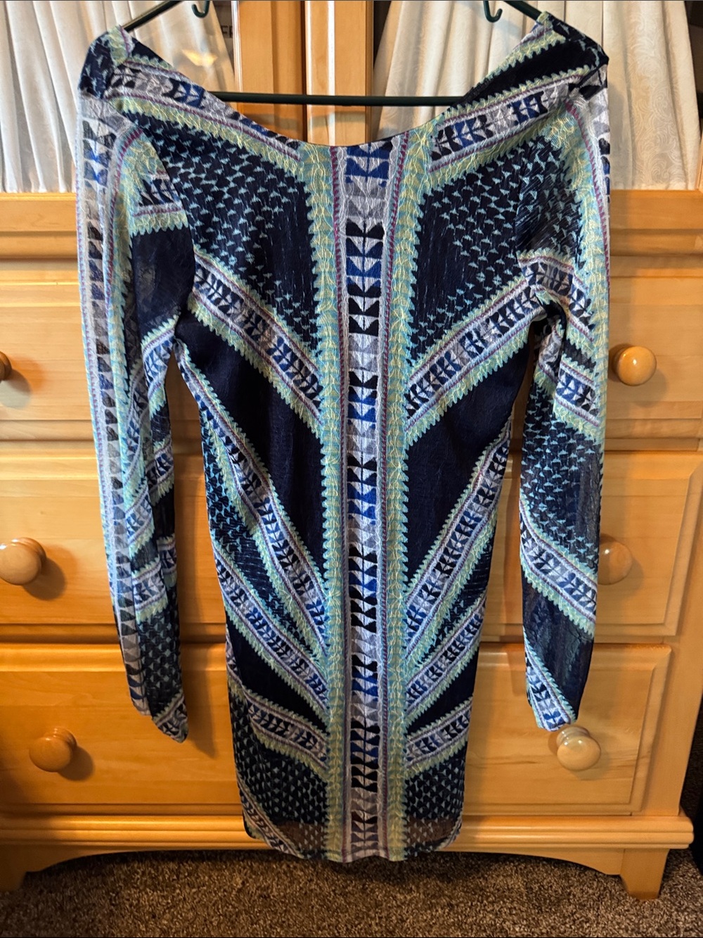 Fire Los Angeles Navy Blue Multicolor Patterned Long Sleeve Dress